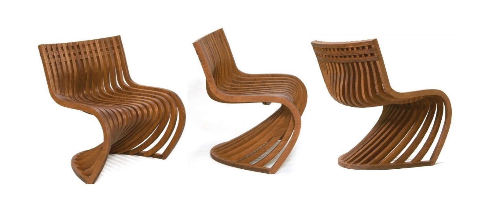 Three chairs in laminated Brazilian hardwood, seen from the side